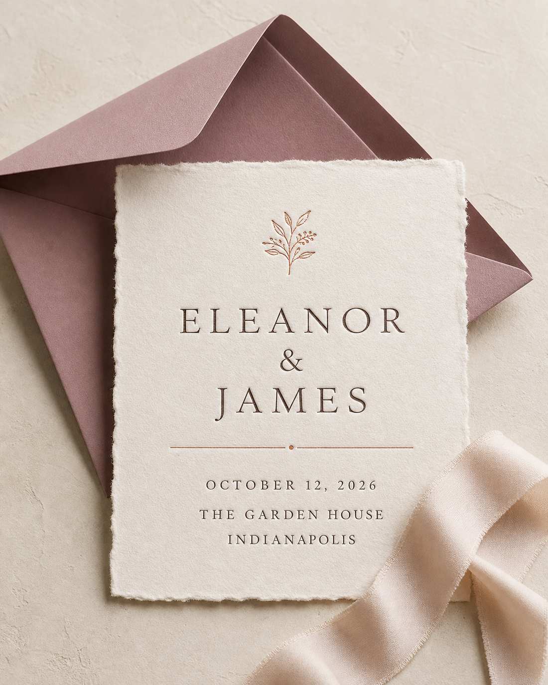 Letterpress wedding invitation on cotton paper with a mauve envelope and ribbon