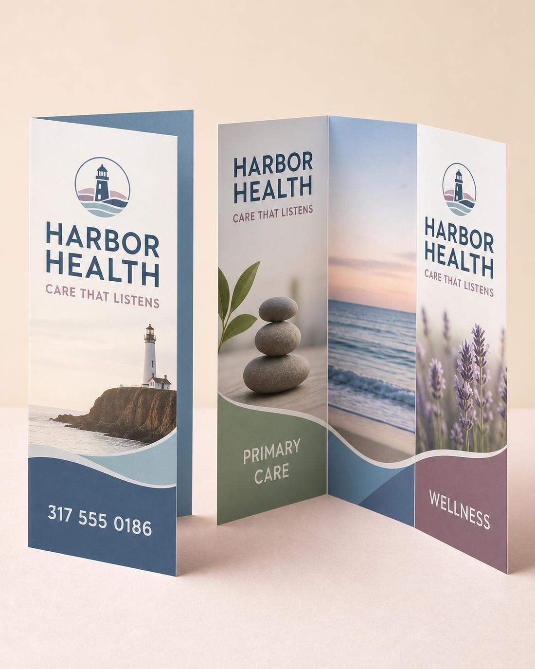 Tri-fold healthcare brochure standing open to show all panels