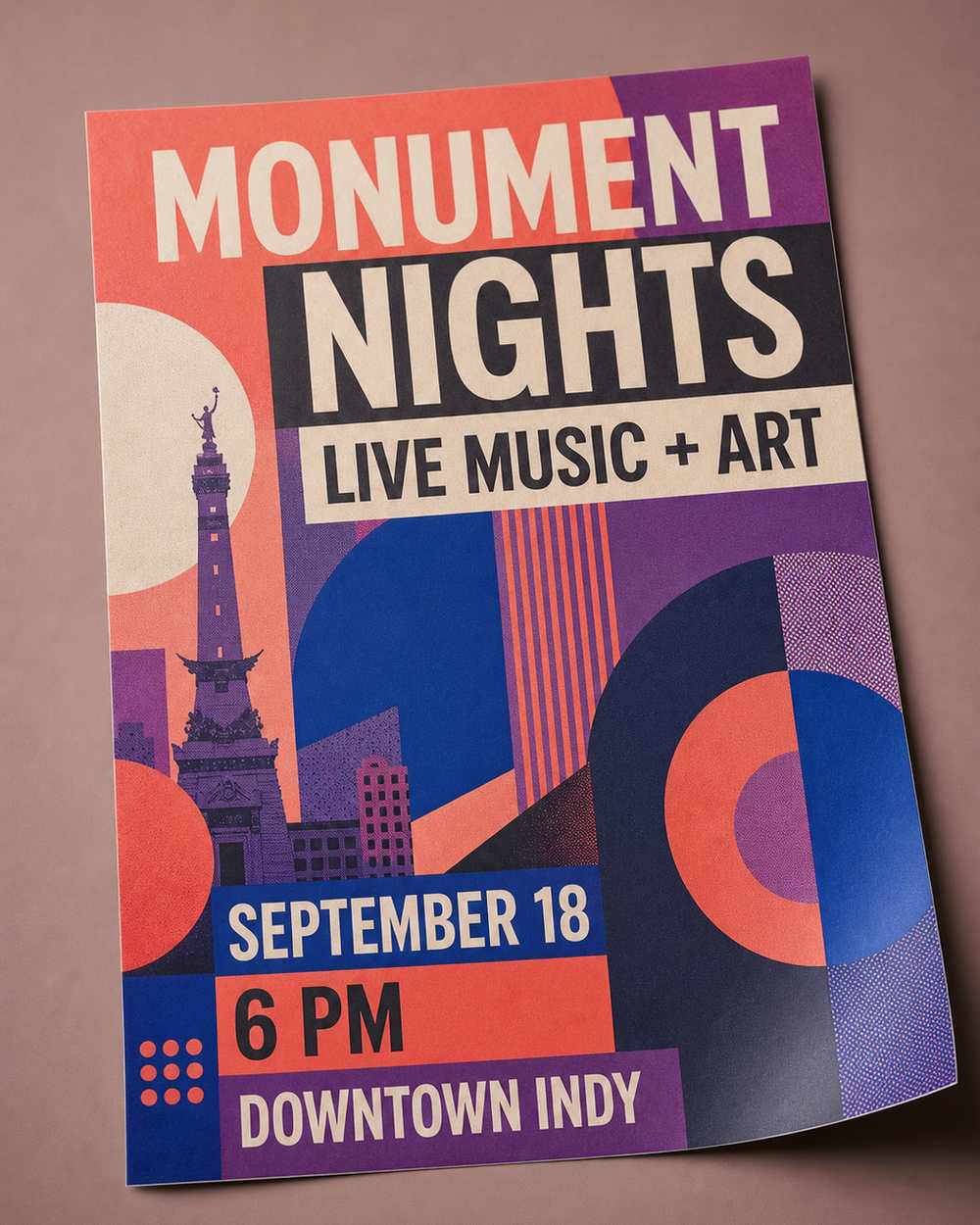 Full-color event poster for a downtown Indianapolis music and art night