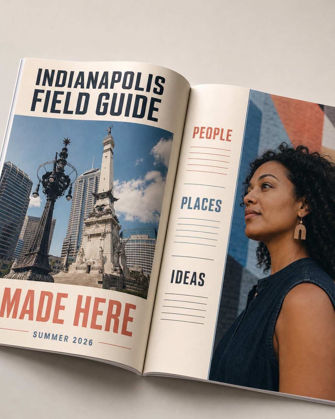 Magazine open to a printed two-page feature spread