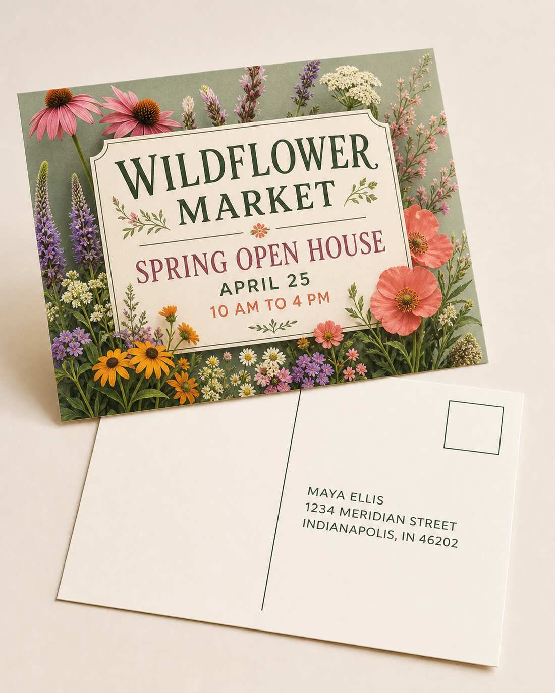 Direct mail postcard with event details and an addressed mailing panel