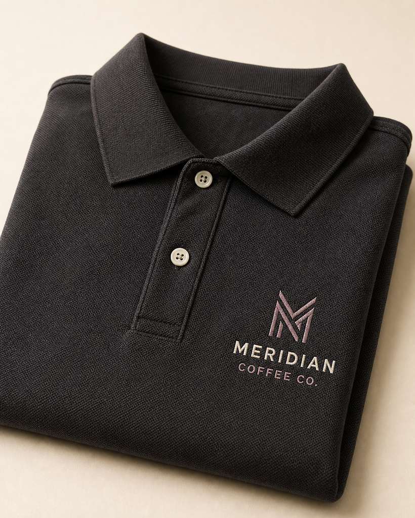 Folded black polo shirt with an embroidered company logo