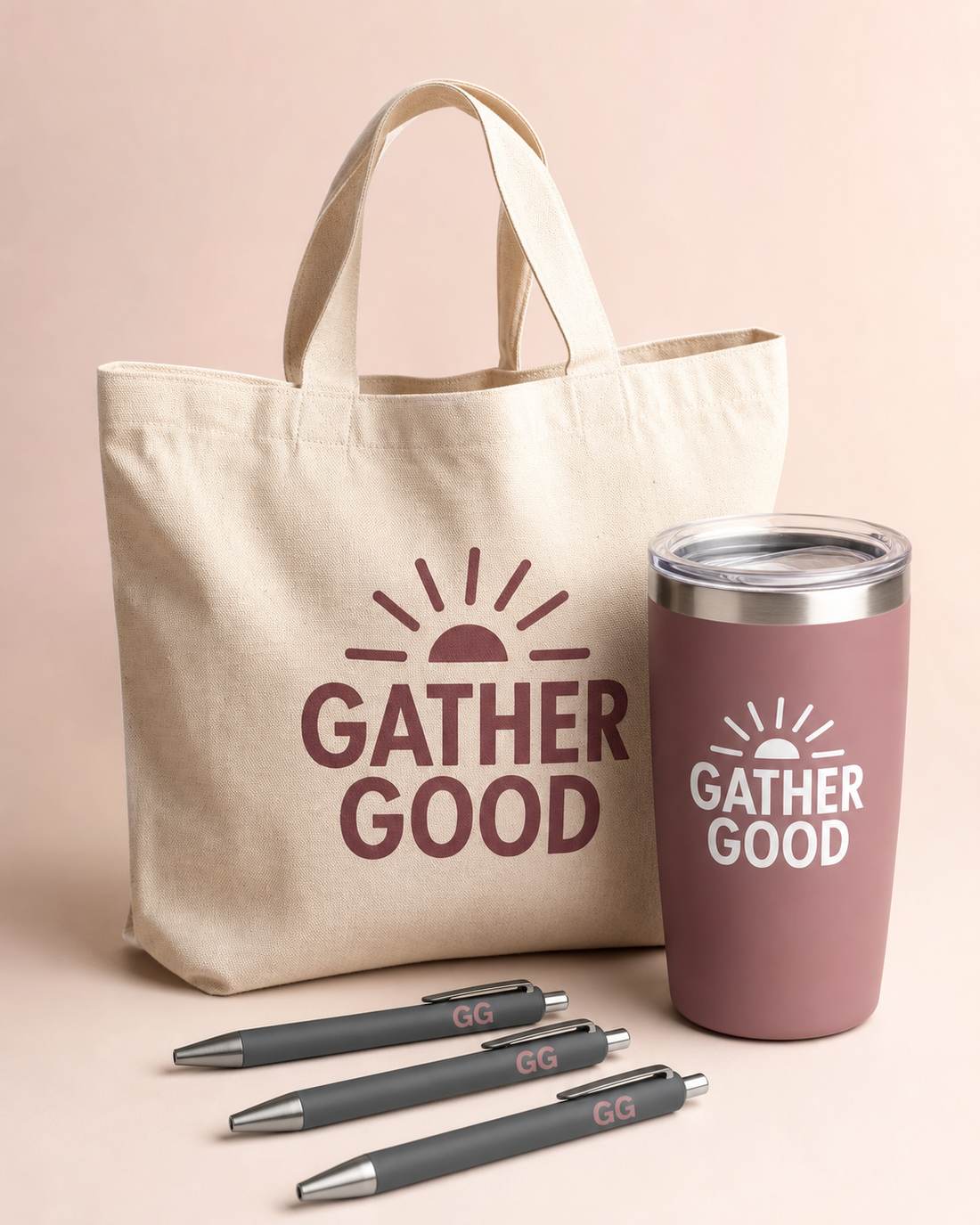 Branded tote bag, insulated tumbler, and pens