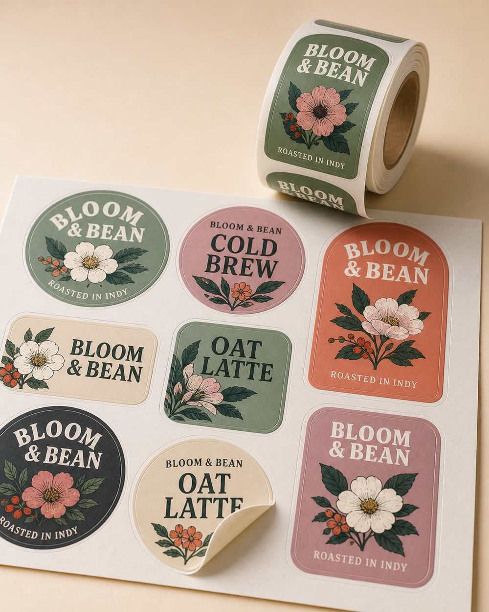 Die-cut product stickers and a roll of printed labels