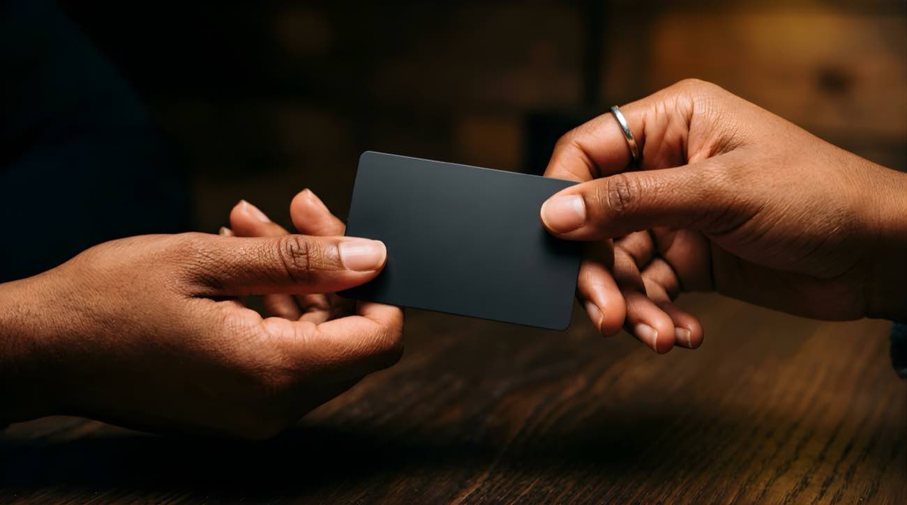 A hand fanning out a range of business cards in different colours and finishes