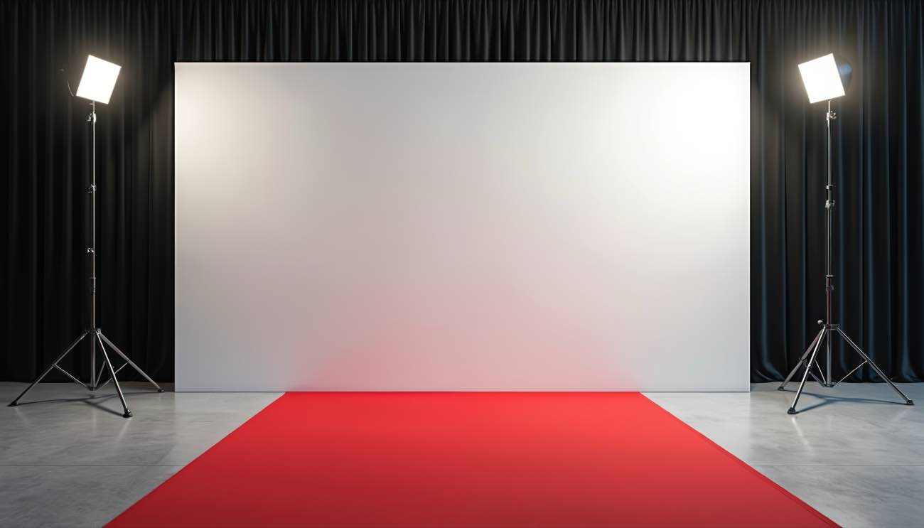 An event backdrop set up between two lights with a red carpet running up to it
