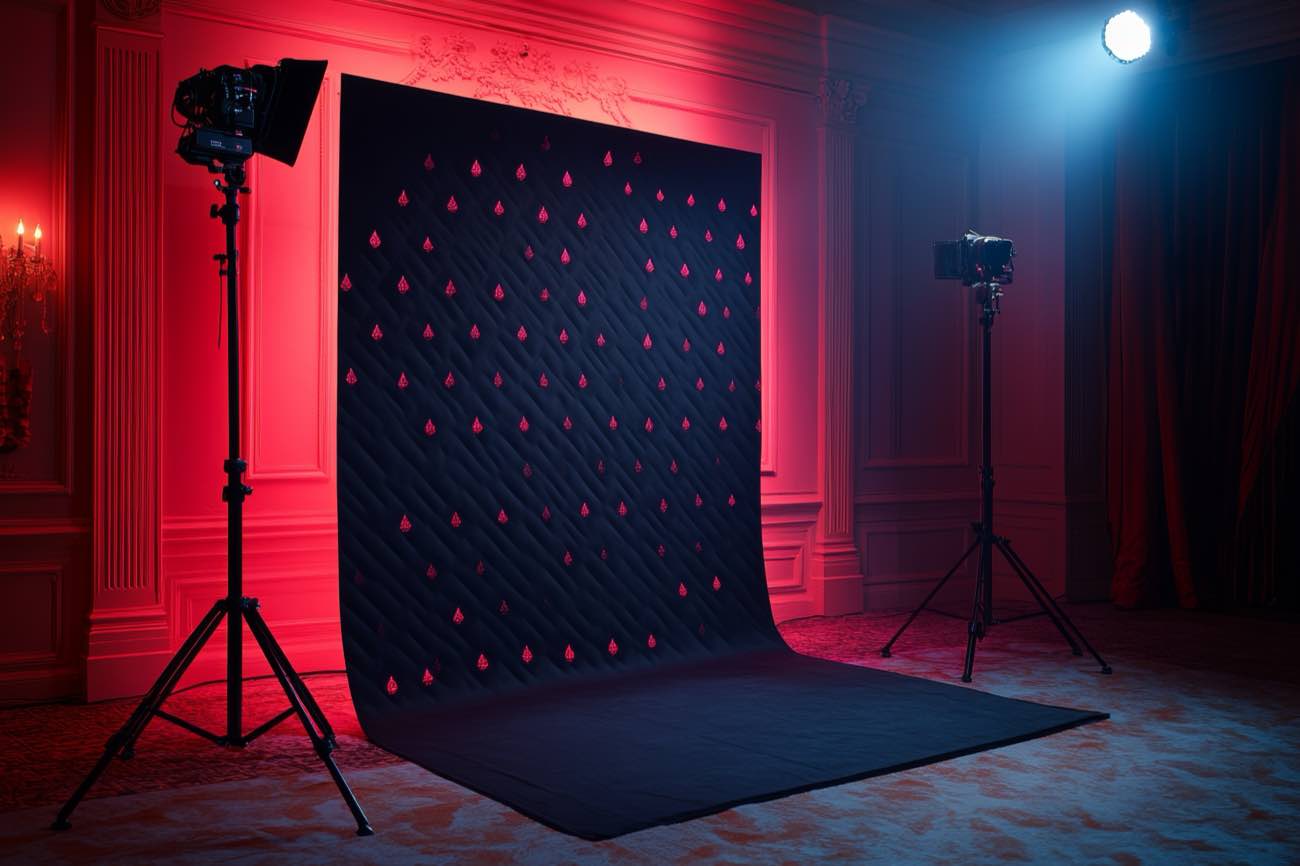 A dark event backdrop printed with a repeating pattern, lit from both sides by studio lights