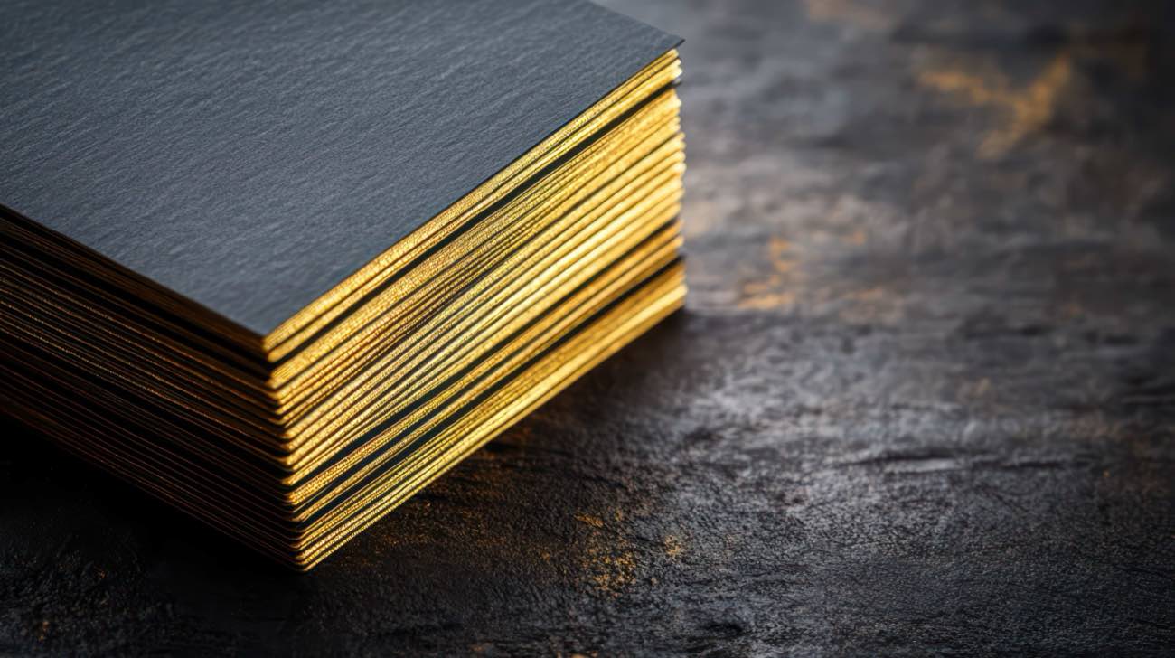 Stack of dark business cards with gilded foil edges
