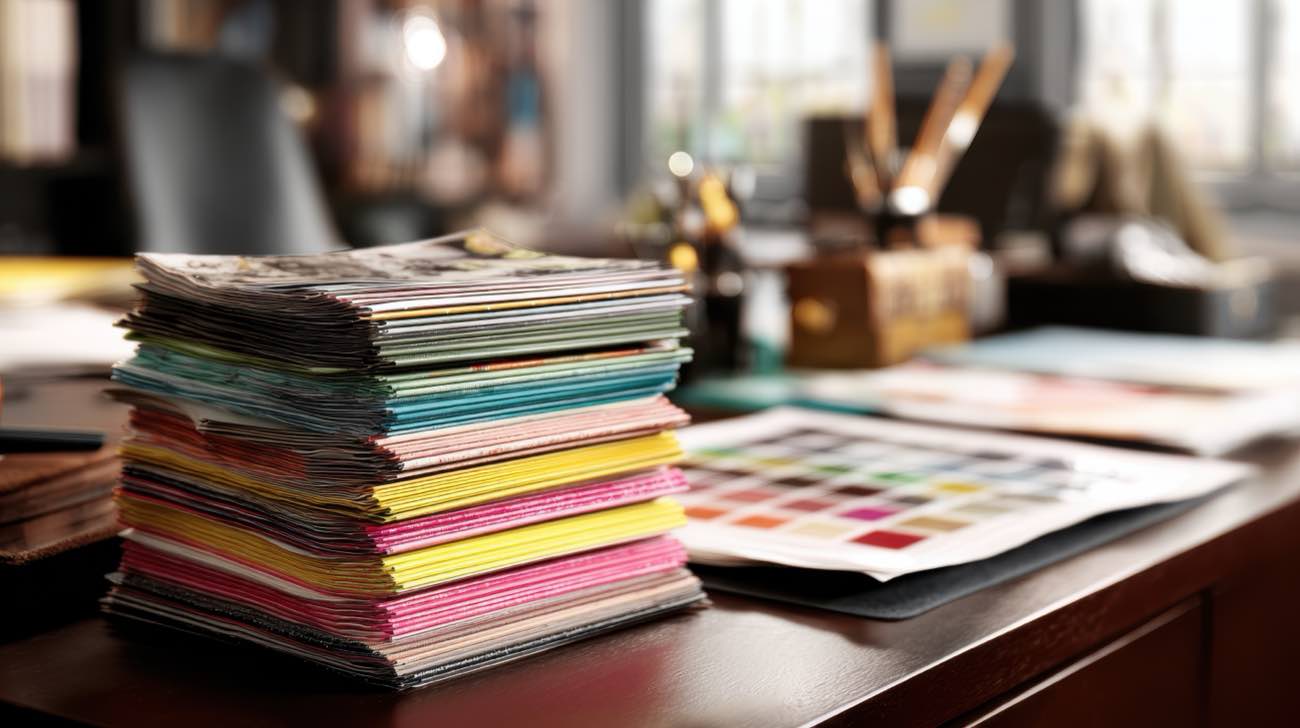 Stack of full colour printed flyers fanned out on a work desk