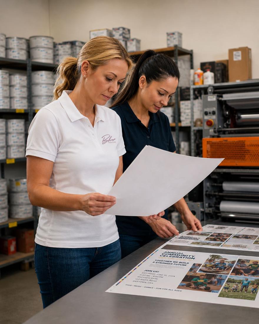 Two Bhar Printing team members reviewing a press sheet against the printed proof in the pressroom
