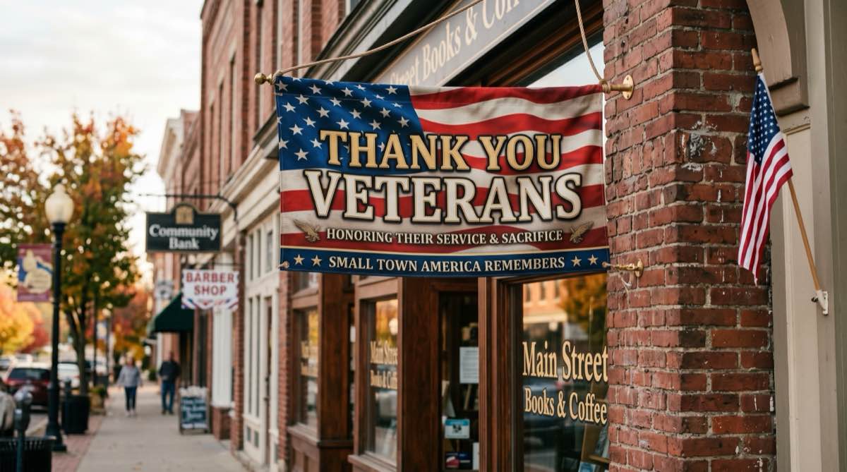 Printed vinyl banner mounted on a brick storefront above the sidewalk