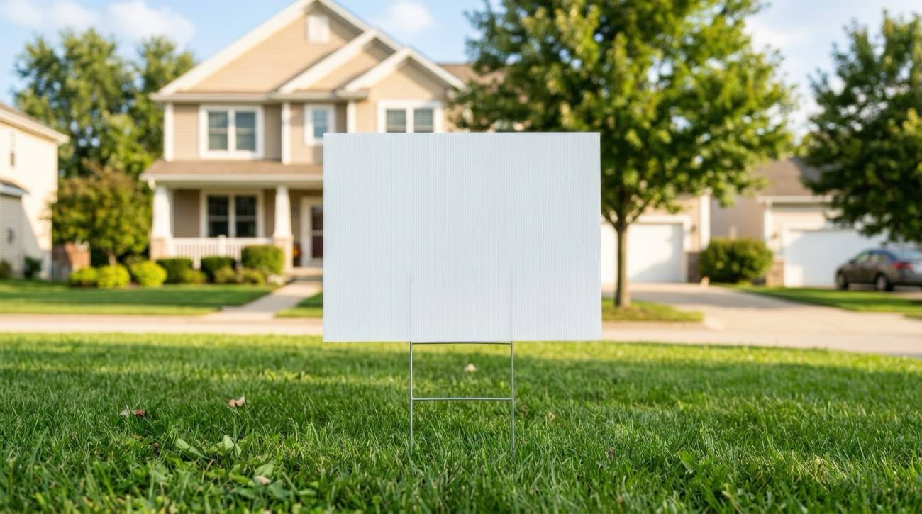 Yard sign on H stakes standing in a residential front lawn